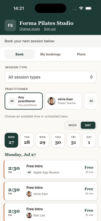 Available studio sessions listed by day