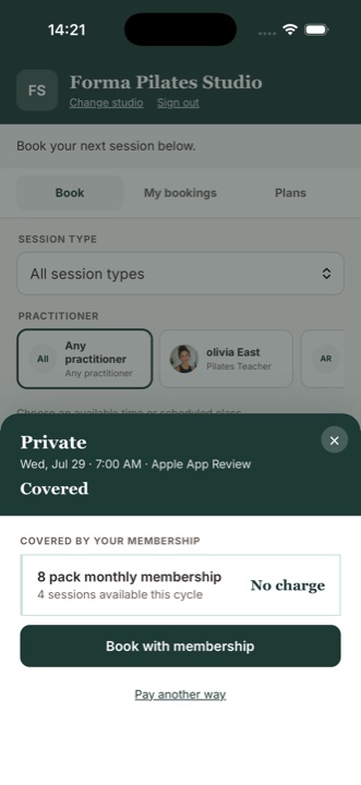 Booking covered by a studio membership