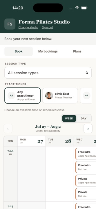Weekly studio schedule in MyoMesh Book