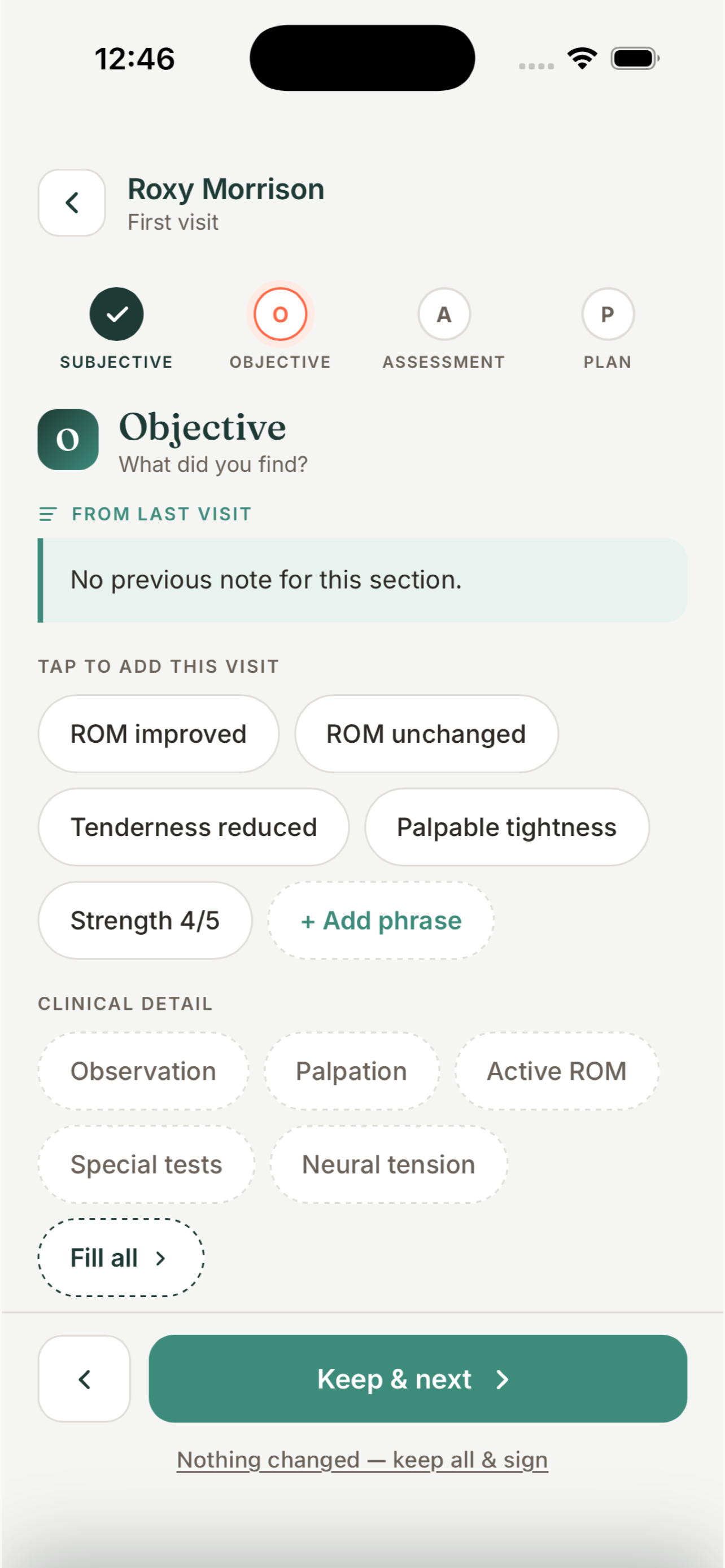 Guided SOAP note section with quick phrases