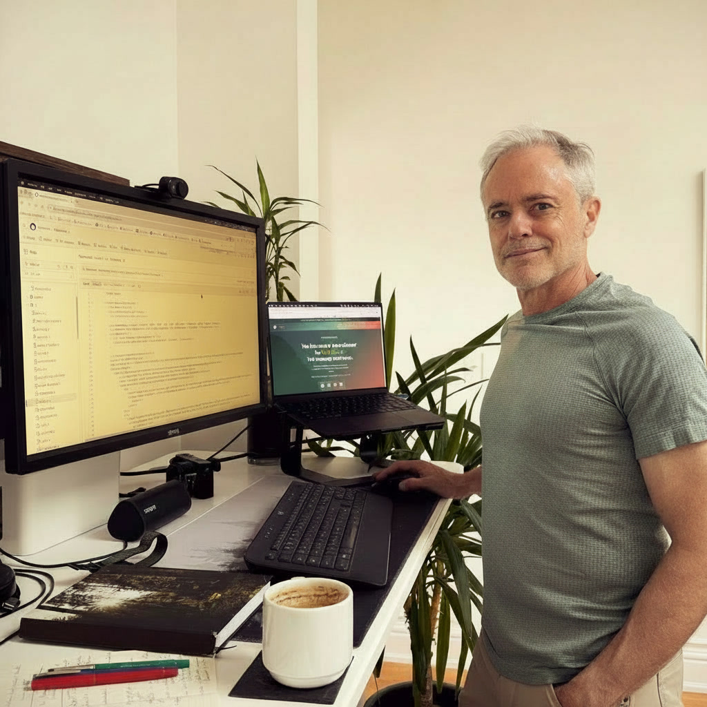 Rob Lee, founder of MyoMesh, at his desk building the platform