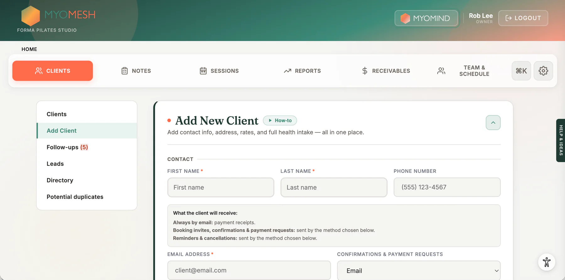 Add Client Form in MyoMesh
