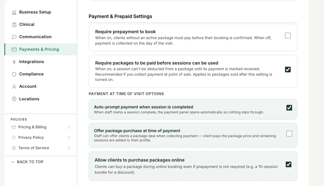 Booking Payment Settings in MyoMesh