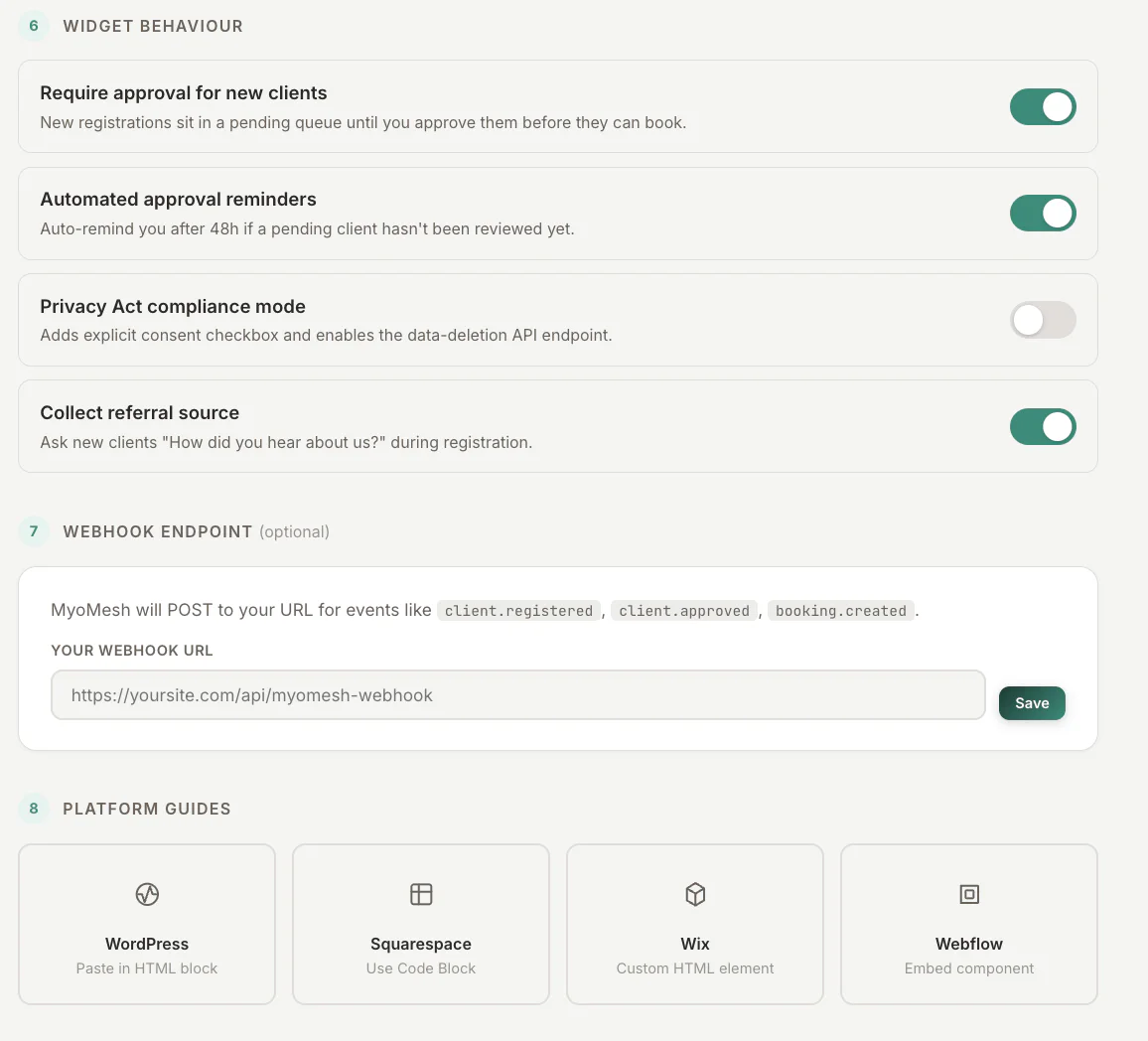 Booking Widget Behaviour in MyoMesh
