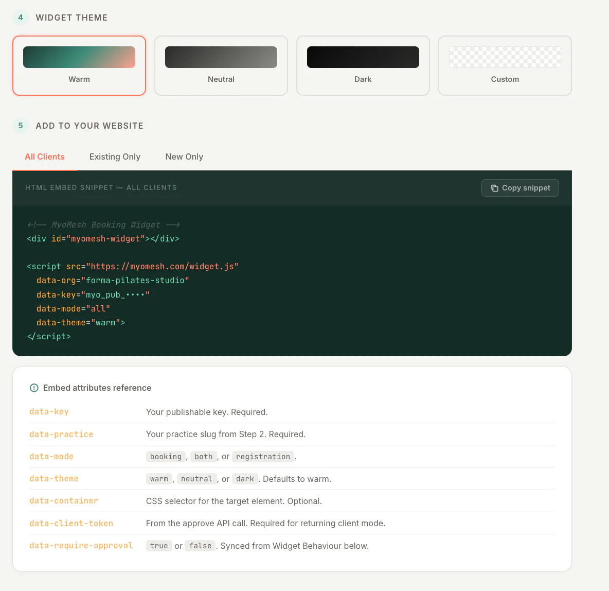 Booking Widget Embed in MyoMesh