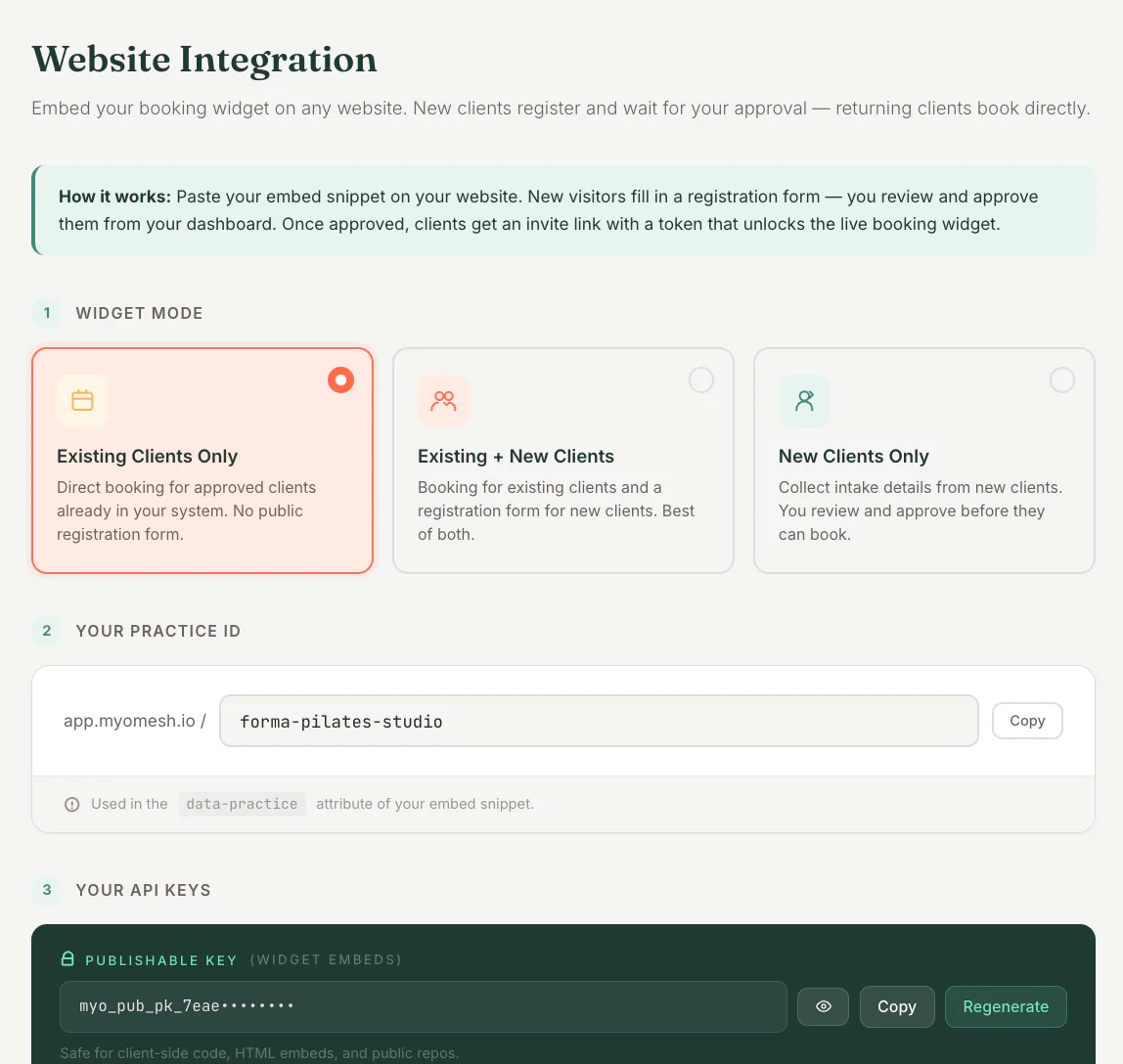 Booking Widget Mode in MyoMesh