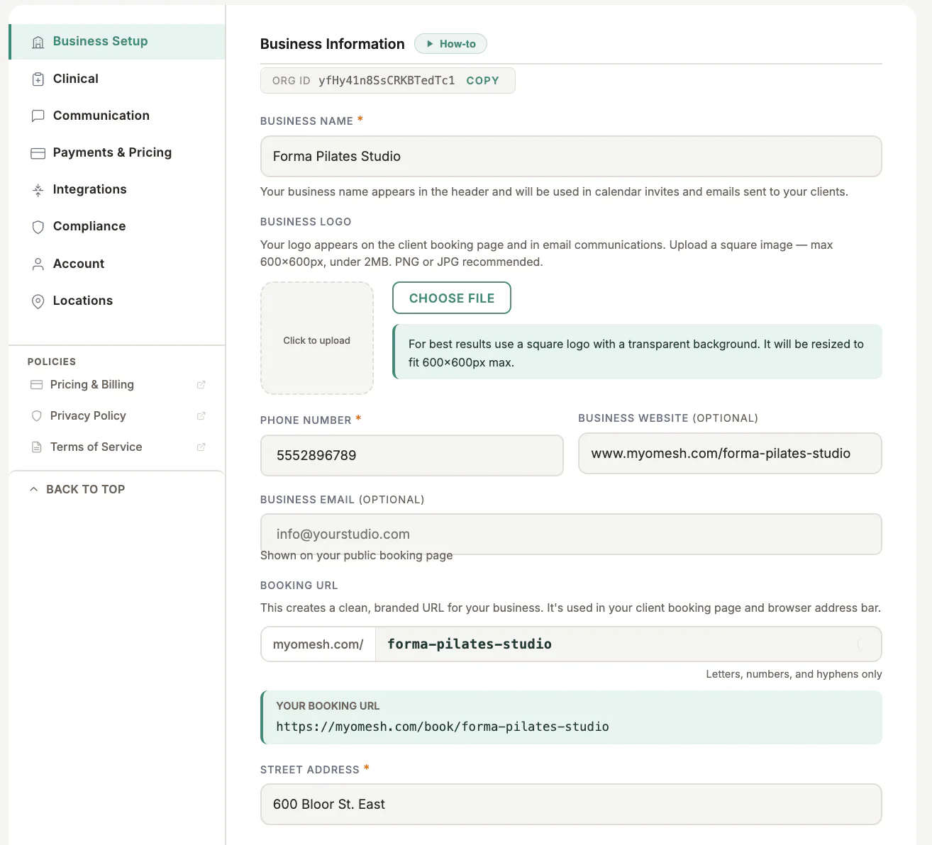 Business Setup in MyoMesh