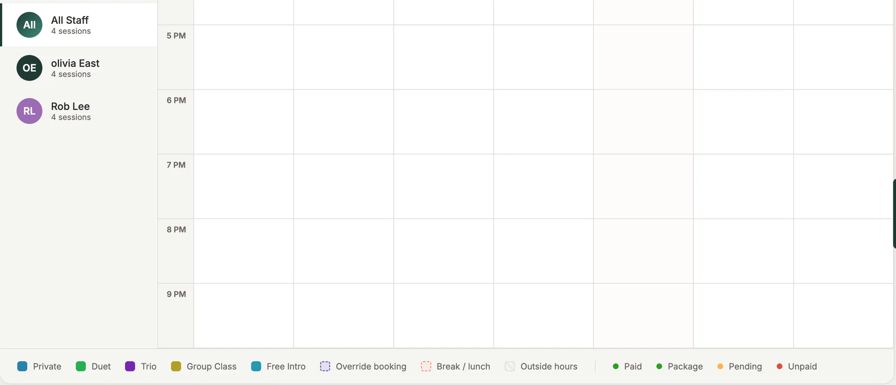 Calendar Staff Filters Legend in MyoMesh