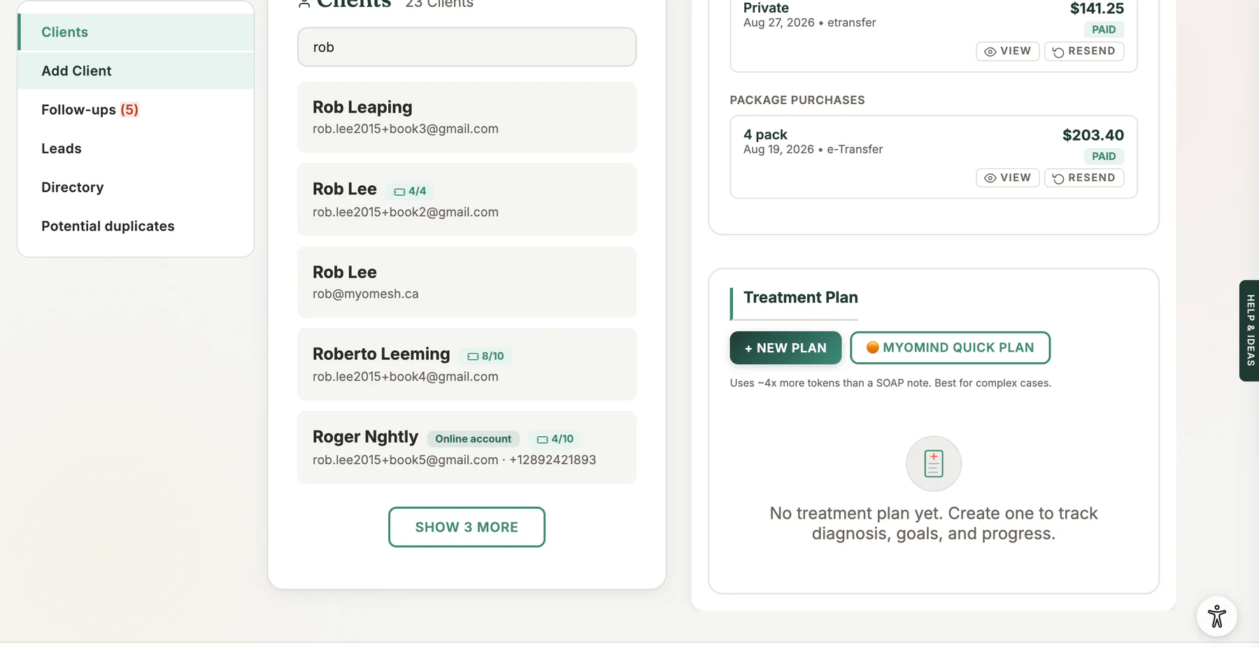 Client Treatment Plan Summary in MyoMesh