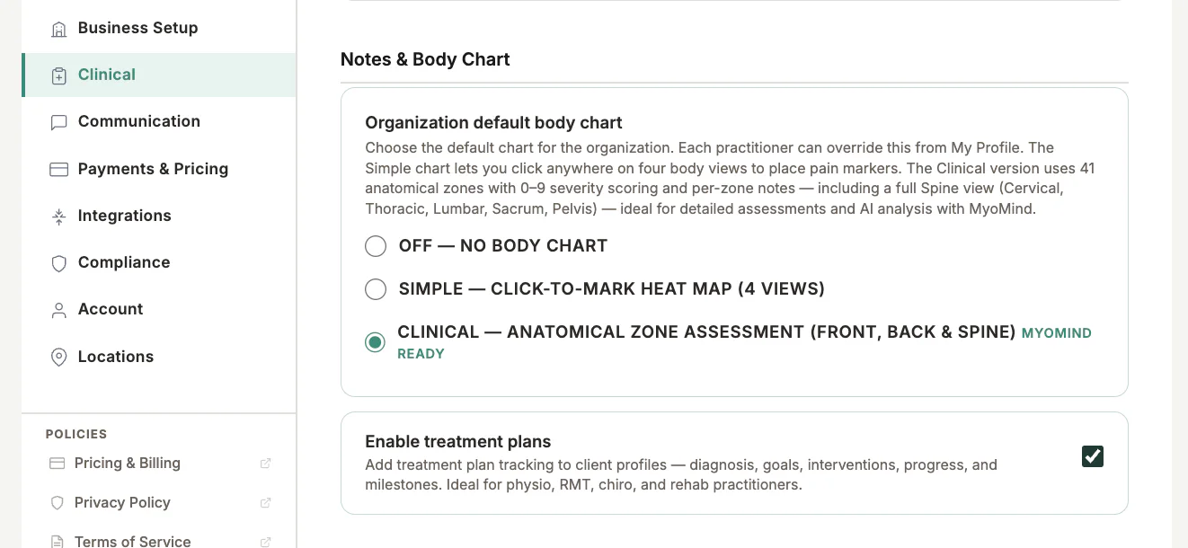 Clinical Body Chart Settings in MyoMesh