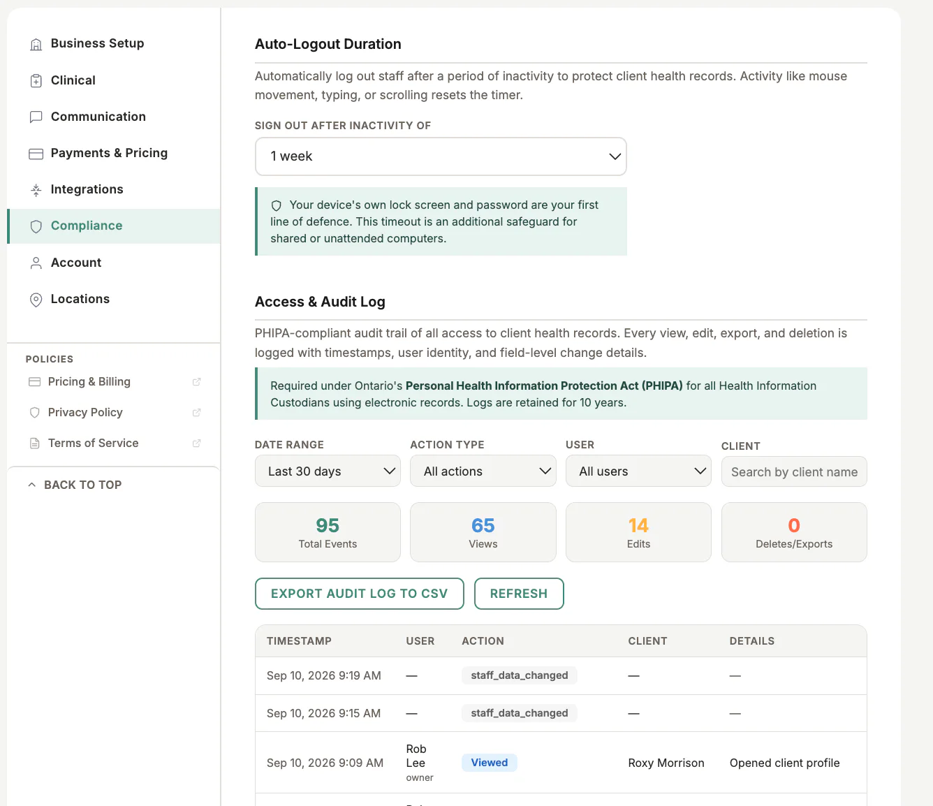 Compliance Audit Log in MyoMesh