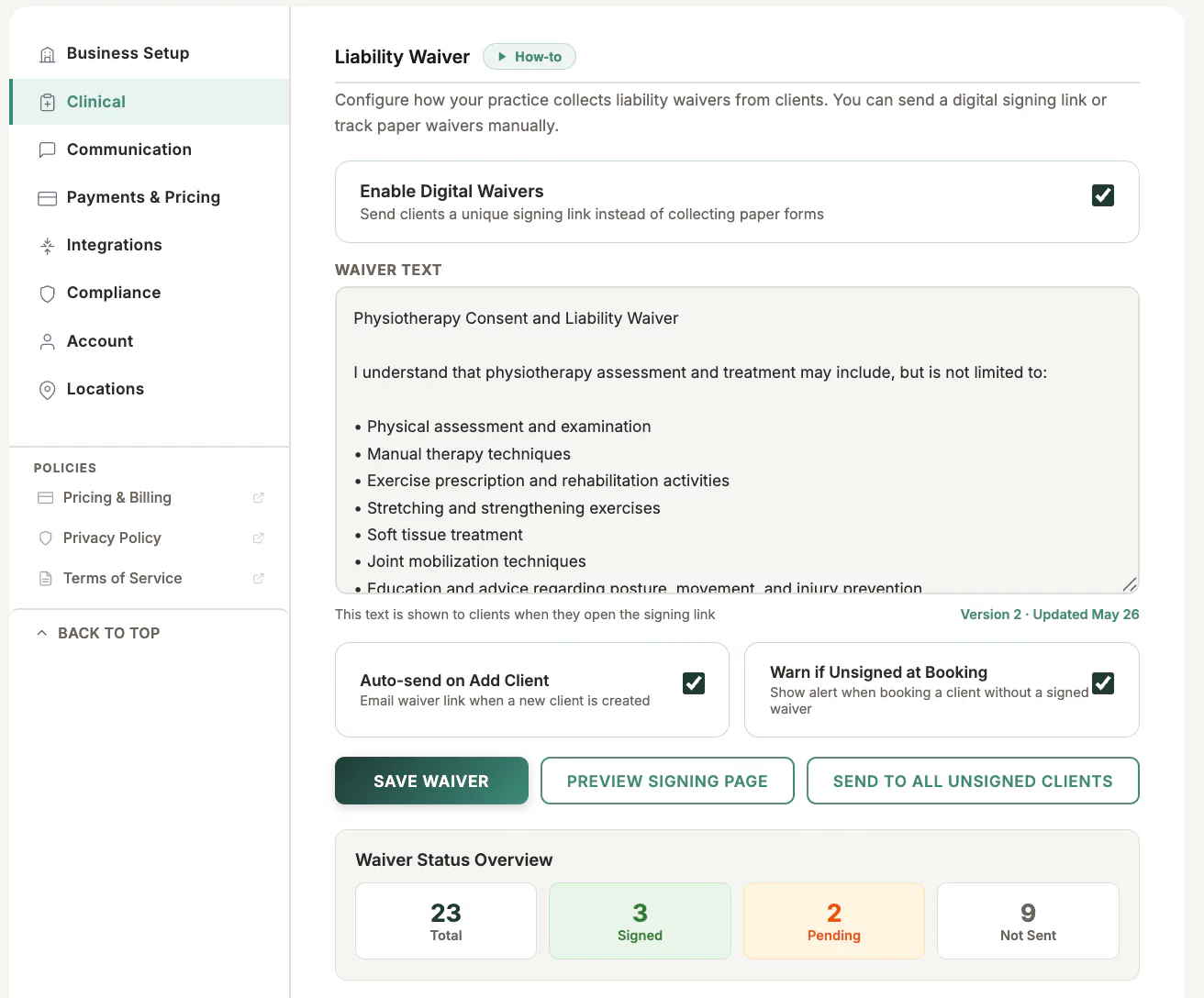 Digital Waiver Settings in MyoMesh