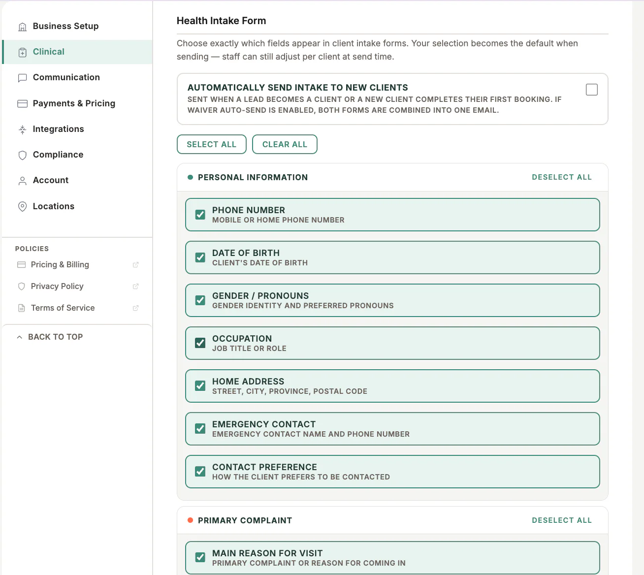 Health Intake Settings in MyoMesh