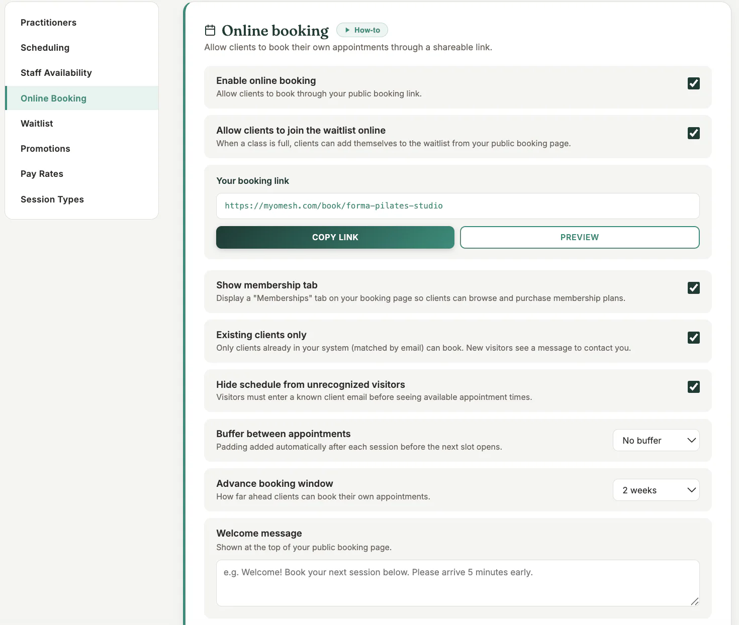 Online Booking Settings in MyoMesh