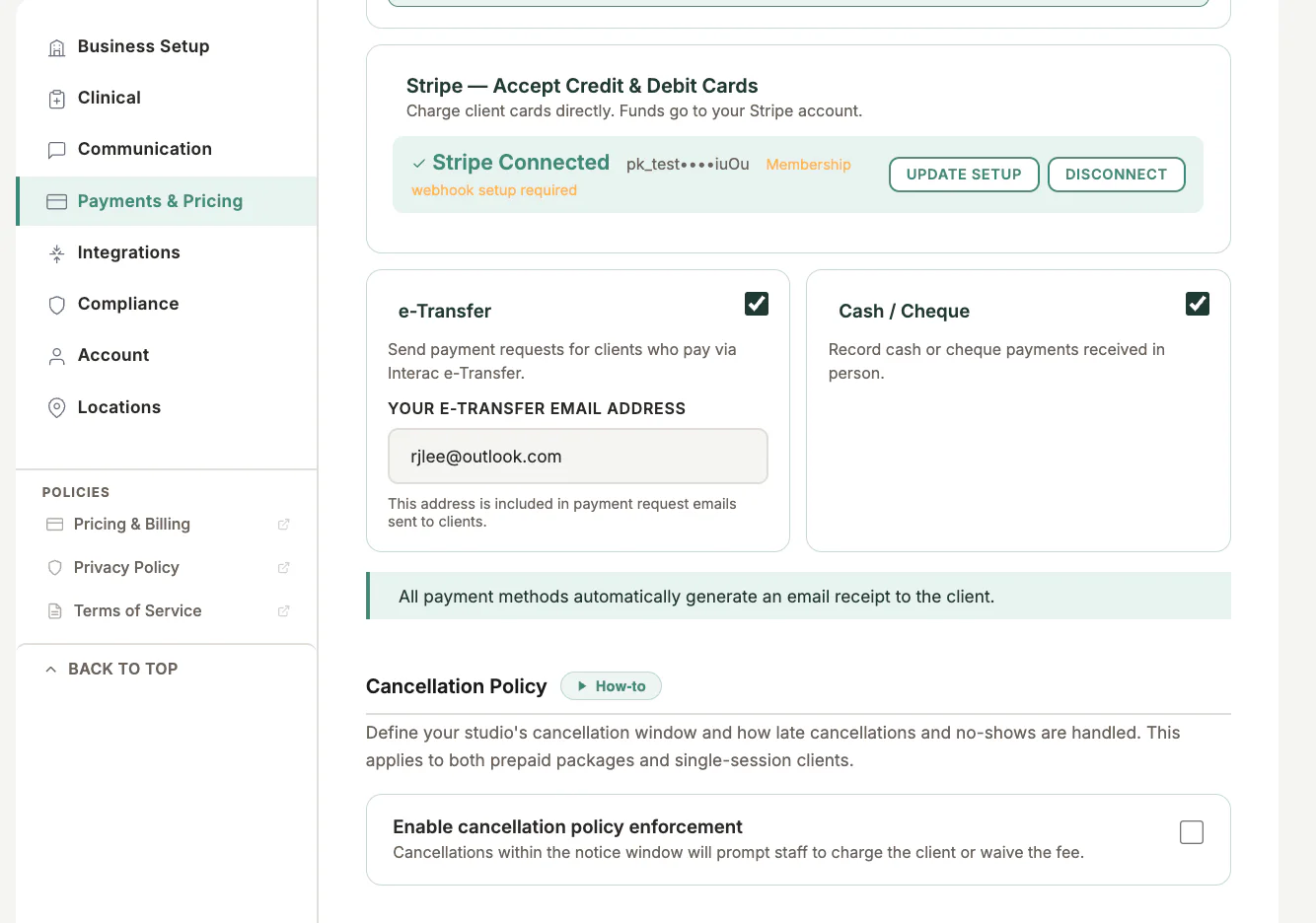 Payment Method Settings in MyoMesh