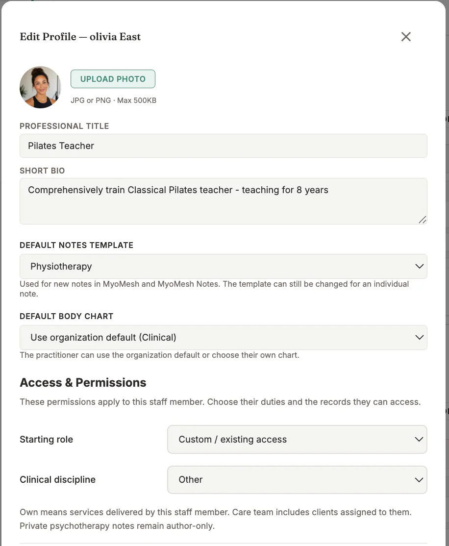 Practitioner Profile Defaults in MyoMesh