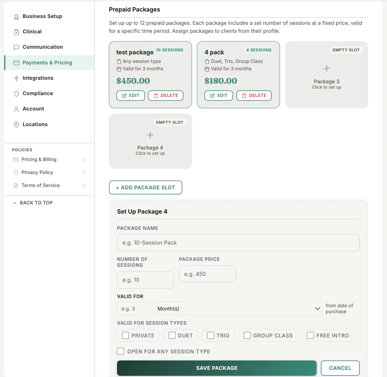 Prepaid Package Settings in MyoMesh