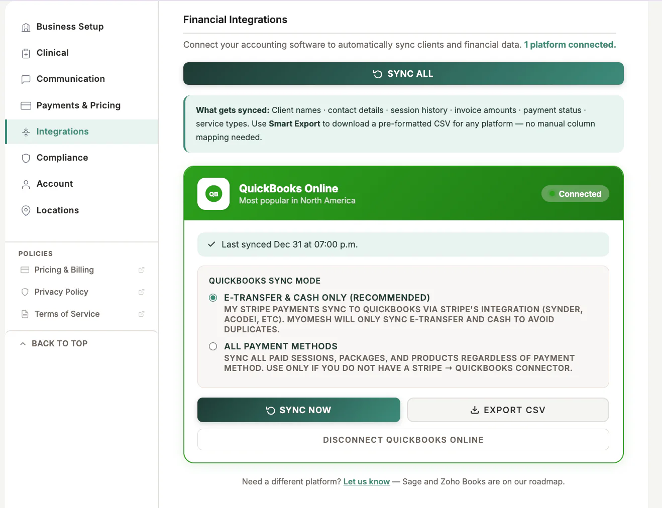 Quickbooks Integration in MyoMesh