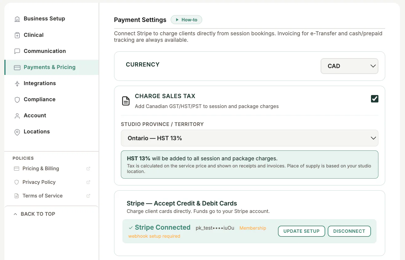 Stripe Payment Settings in MyoMesh