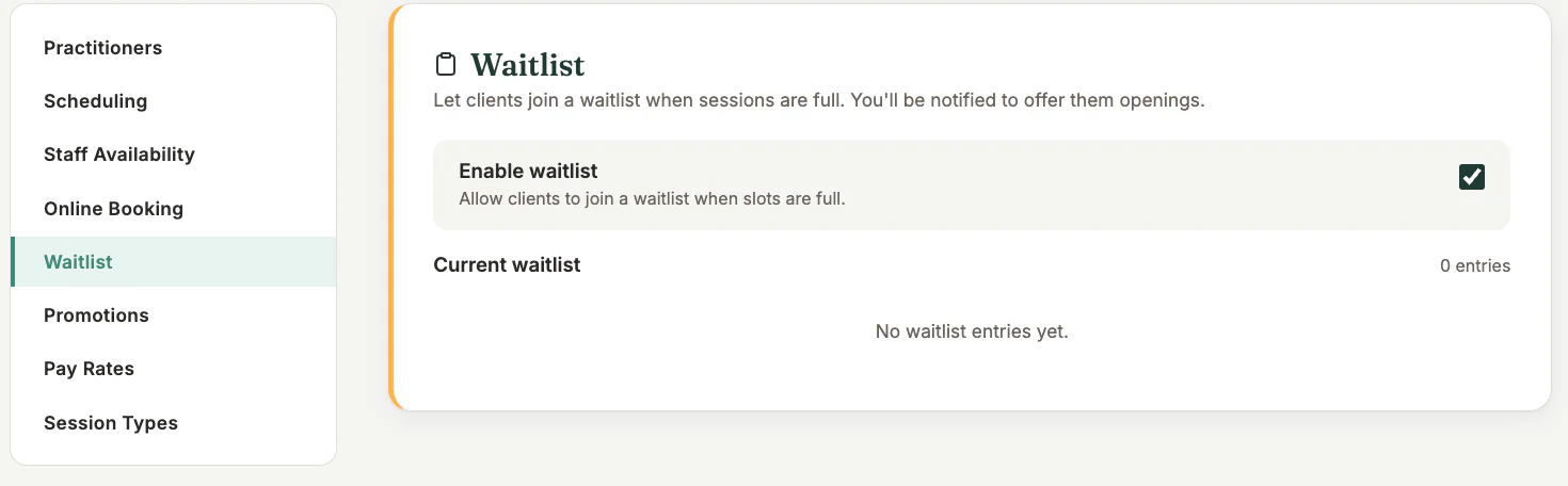 Waitlist Settings in MyoMesh