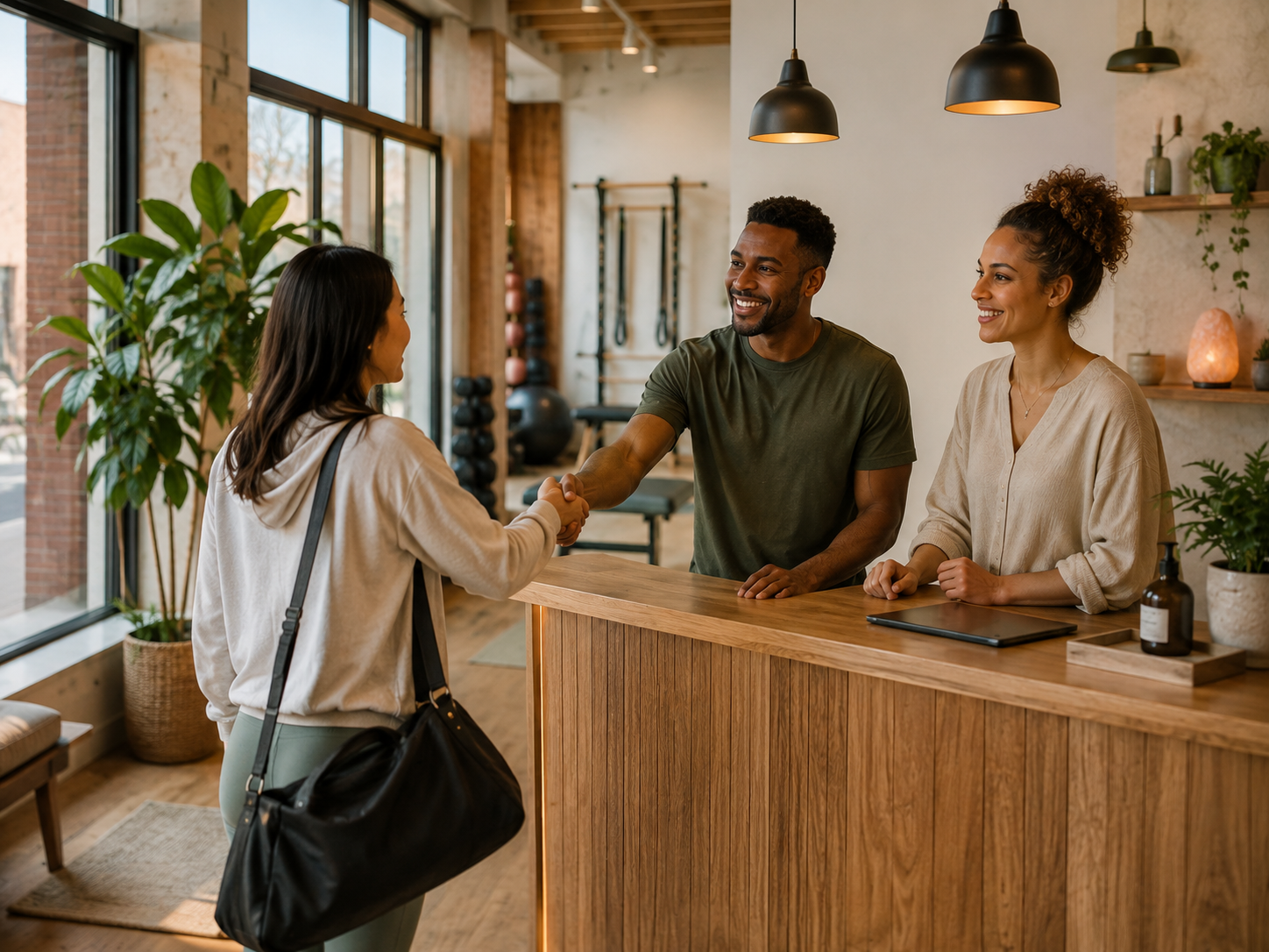 A client being welcomed by two practitioners at a warm independent wellness practice