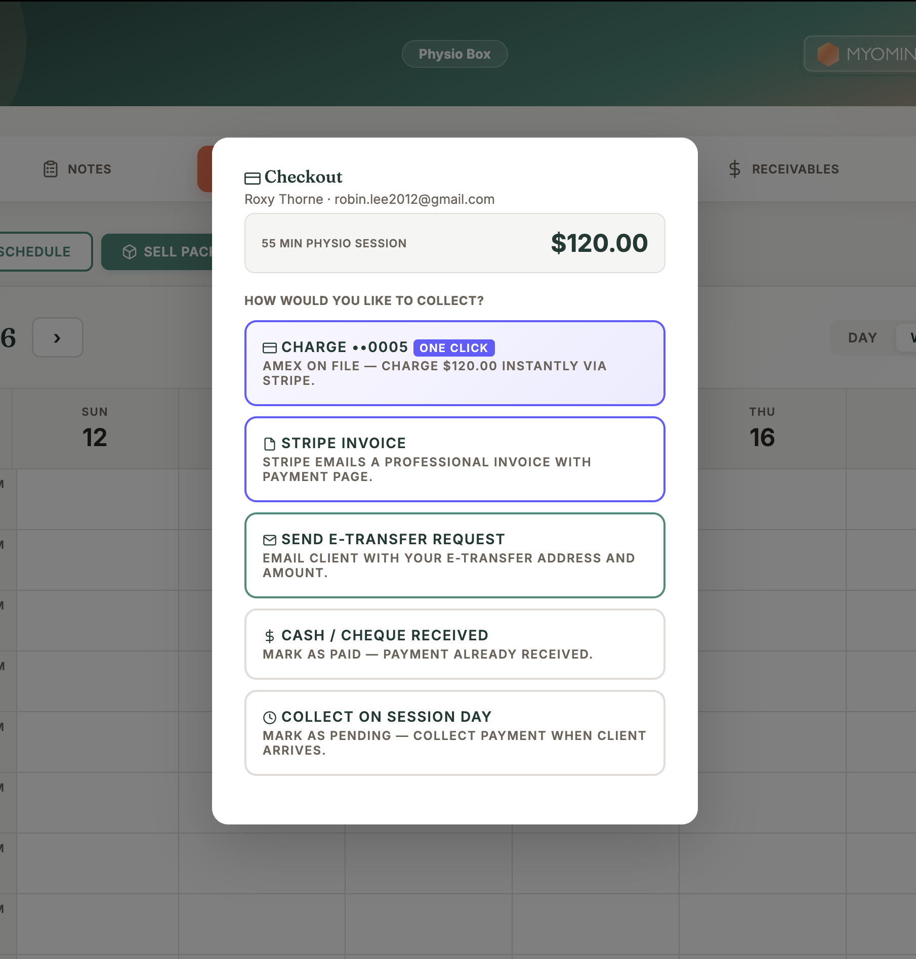 MyoMesh checkout screen with insurance receipt generation