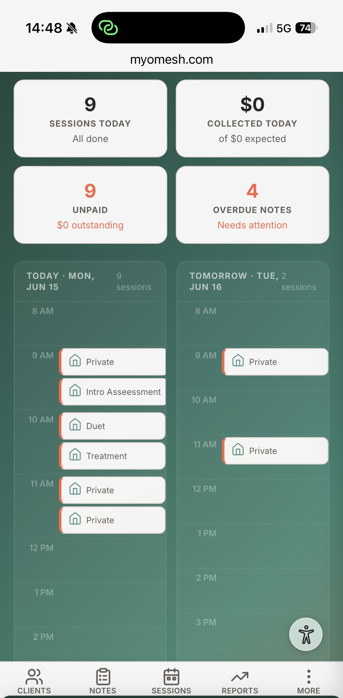 MyoMesh mobile schedule — daily appointment list viewed on an iPhone