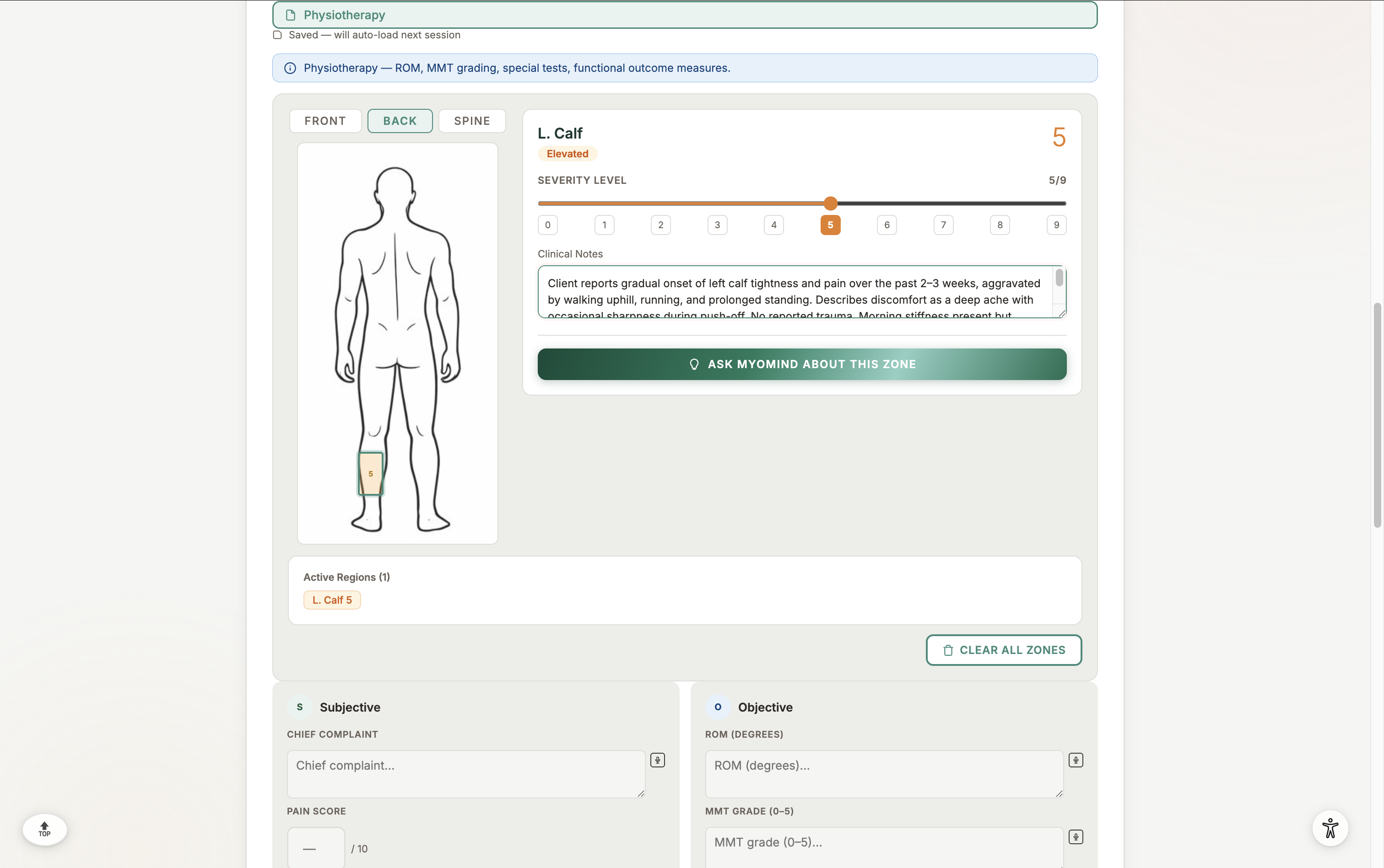 MyoMesh SOAP note template with body chart