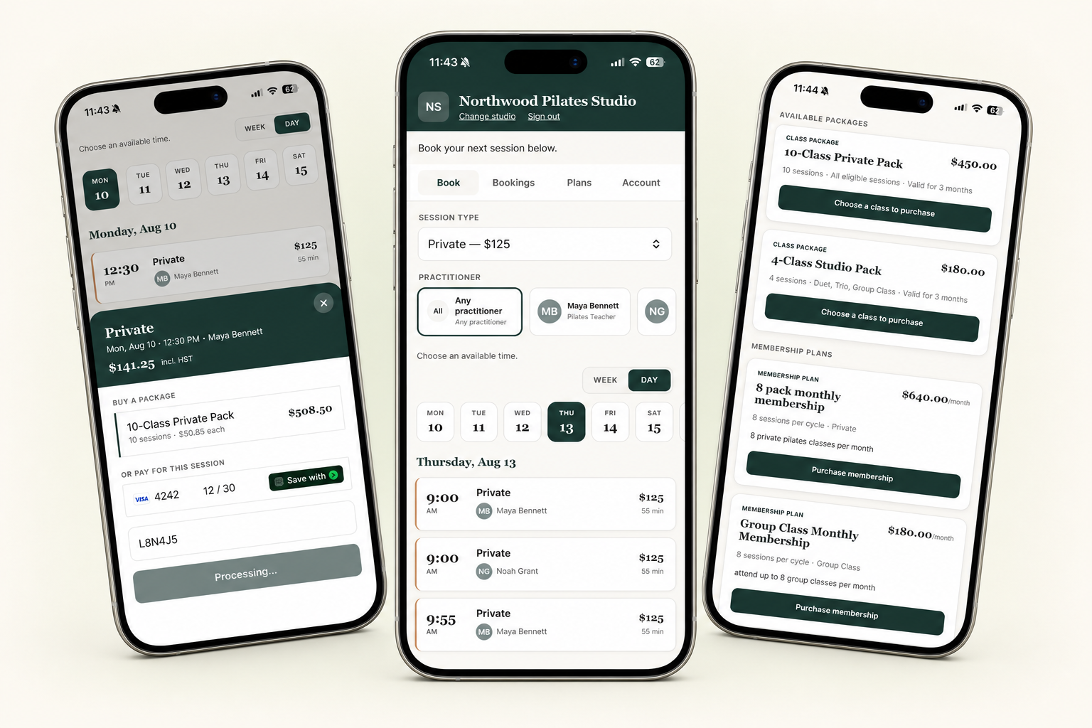 MyoMesh mobile booking app showing open appointments, session checkout, packages, and memberships